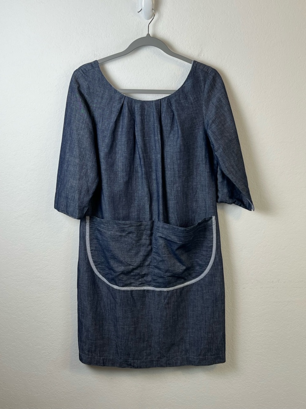 Dema Vintage Style Blue Denim Pocket Apron Scoop Neck Cotton Shift Dress